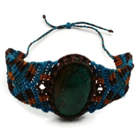 Handmade Bracelet Woven in Macrame Thread and Turquoise Natural Stone Spiritual - Picture 7 of 9